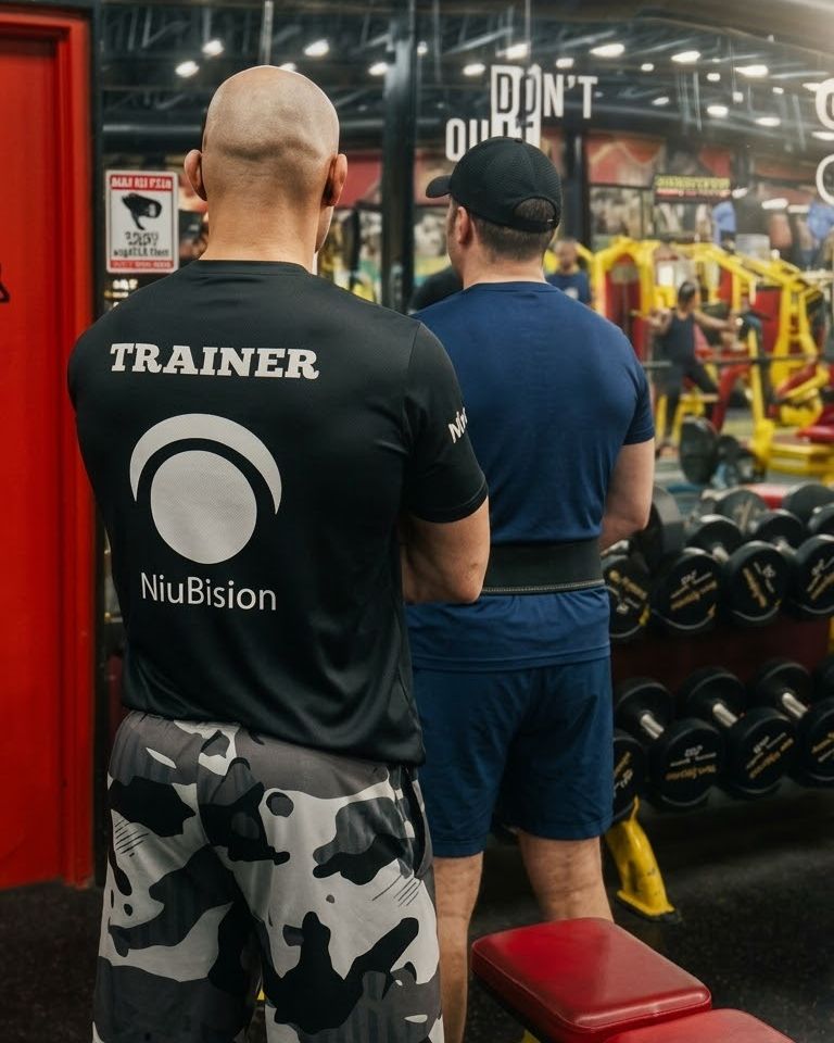 Miguel Morales, de espaldas con la camisa TRAINER de NiuBision, observa a un cliente con cinturón frente al rack de mancuernas.